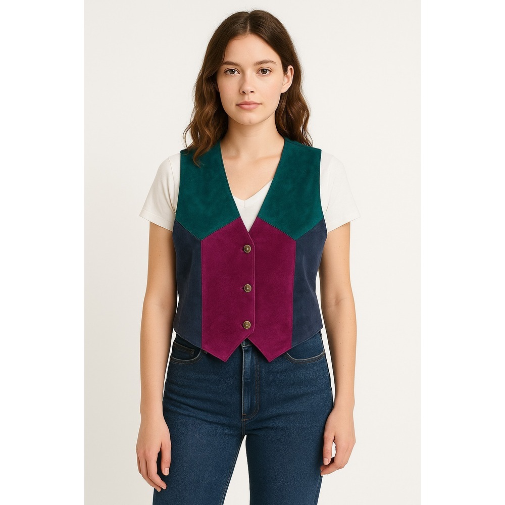 G-III Suede Vest Womens Medium Multicolor Colorblock Leather Vintage 90s Boho